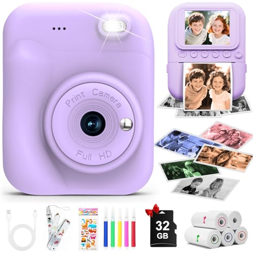 Kids Camera Instant Print 1080P Kids Digital Camera that Print Photos Portable Toddler Camera Toy for Girls Boys Age 3-12 Christmas Birthday Gifts 5 Rolls Paper & 32GB SD Card Purple