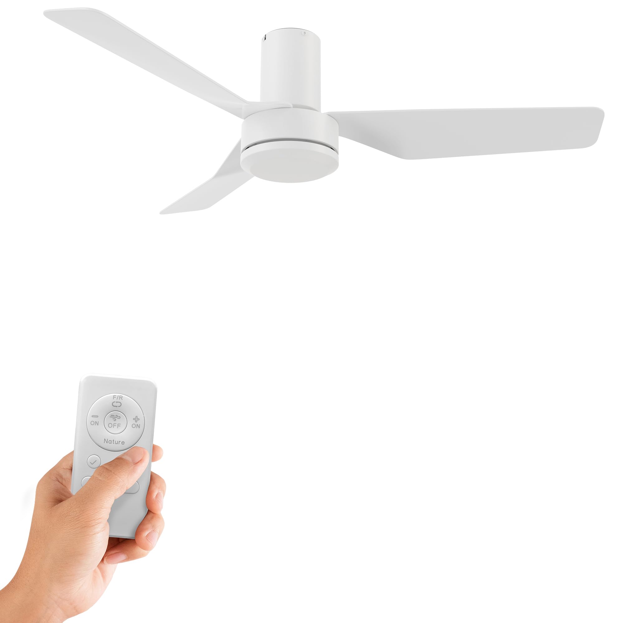 Carro 44 Inch White Flush Mount Ceiling Fan Without Light, Indoor Ceiling Fan With Remote Control, 10 Speeds Reversible DC Motor, 3 ABS Blades