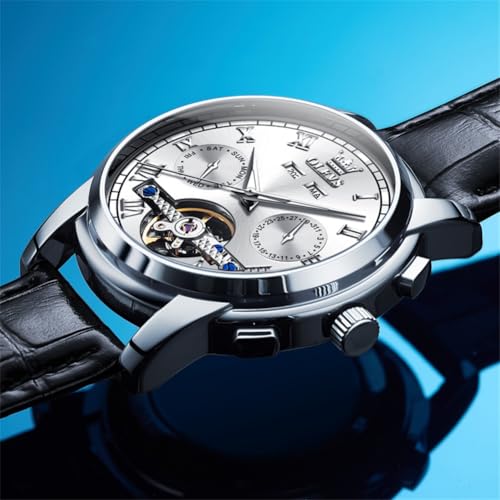 Image of OLEVS Mechanical Dress Mens Watches Square Brown Leather Strap Moon Phase Skeleton Tourbillion Day Date Waterproof Luminous Men's Wrist Watches