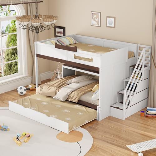 Image of Merax Full Over Full Wood Bunk Bed with Twin Size Trundle with Stairs & Hidden Storage & Shelves, Built-in 3-in-1 LED Lights, Multi-Level Storage Hub, Space-Saving Bedroom Furniture, White+Brown