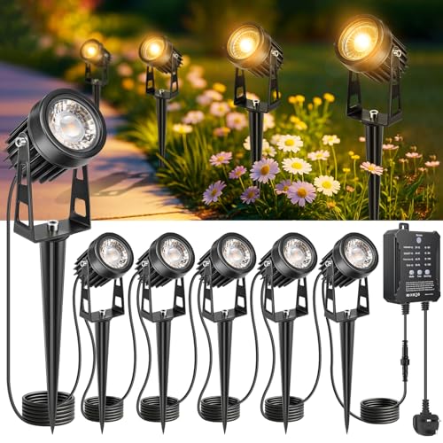 Image of LightingWill Garden Lights Mains Powered with Timer and Photocell Sensor, 6 Pack LED Outdoor Spotlight, 3000K Warm White, IP65 Waterproof Low Voltage Garden Lights for Lawn, Path, Patio, Driveway