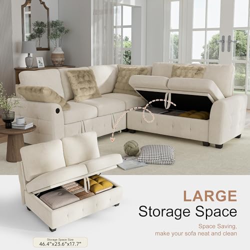 Image of Hanherry Sectional Couch with Pull Out Sofa Bed,Chenille Sleeper Sofa with 2 Seat Storage & USB Charging,Comfy L Shaped Modular Couches for Living Room,Apartment