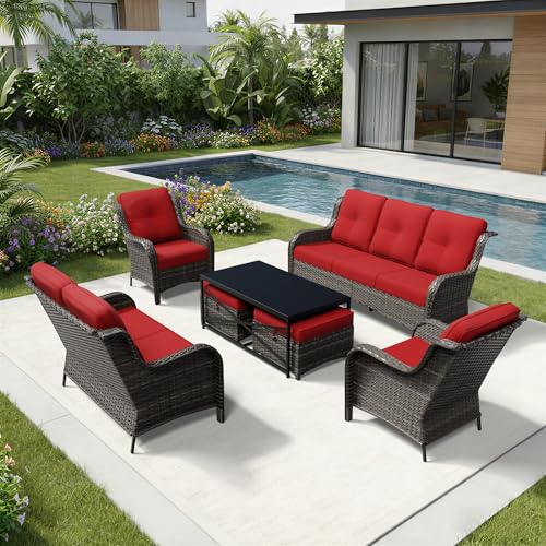 Image of Joyside 7 Piece Wicker Patio Furniture Set, Rattan Patio Chairs with High Back, Deep Seating, Wide Armrest, Thickened Cushions, Outdoor Furniture for Deck, Porch Use