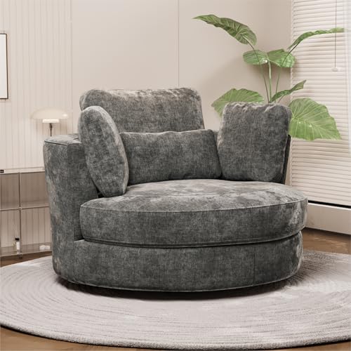 Chifee & Vingol 49.6" Oversized Swivel Accent Chair, Upholstered Round Barrel Chair with Pillows Swivel Chairs for Living Room Bedroom,Chenille,Gray