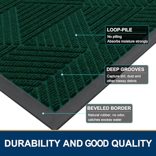 Image of Smiry Front Door Mat Outside Entrance, Heavy Duty Sturdy Natural Rubber Doormat, Trap Dirt and Moisture, Easy Clean Low Profile Welcome Floor Mats for Indoor Outdoor Entry, 35X23 Inch, Deep Green