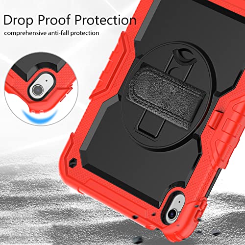 Sibeitu for iPad (A16) 11th/ 10th Generation Heavy Duty Case 10.9 Inch 2025/2022 with Screen Protector, Military Grade Defender Protection, Rugged Shockproof Cover with Stand & Strap, Red