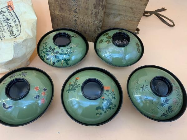 輪島塗 中島漆店 絵変わり 蓋付汁碗5客 箱は合わせ箱 汁椀8-3 輪島塗