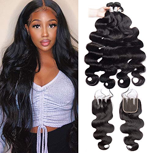 Body Wave Human Hair Bundles 20 22 24 With 18 Closure Three Parting Vipbeauty Brazilian Hair Weave Bundles With 4x4 Lace Closure Wavy Virgin Unprocessed Human Hair Natural Color Weft