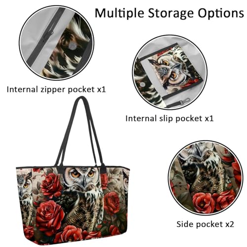 Large Beach Bag for Women, Vintage Owl Rose Flowers Clock Travel Tote with Pockets Waterproof Shoulder Handbag2