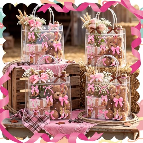 Image of Teenyyou 24 Pcs Coquette Cowgirl Clear Gift Bags Western Boots and Pink Bow Print Transparent Tote Bags, Reusable PVC Handbags for Cowgirl Theme Party, Bachelorette, Birthday, Bridal Shower