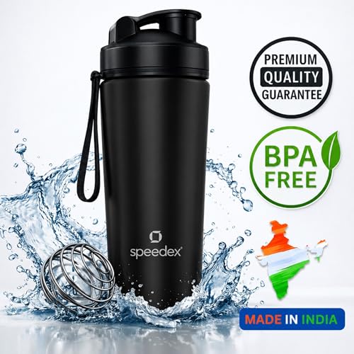 Image of Speedex Stainless Steel Gym Shaker Bottle 750ml with Mixing Ball & Towel for Men & Women | Leakproof Protein Metal Shaker for Gym, Wide Mouth, Measurement Markings, Carry Loop Flip Cap - Black