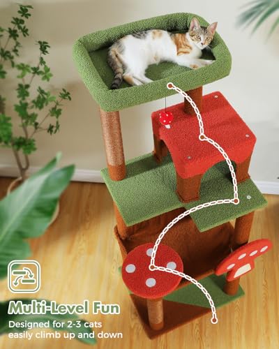 Image of MUTTROS Mushroom Cat Tree Tower with Removable Scratcher, Large Hammock, Condo, Perch, 3 Sisal Posts - Multi-Level Cat Tree for Indoor Cats, Cute Cat Tower for Small Space Homes
