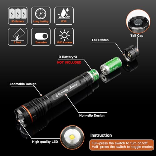 KunHe Heavy Duty 3D Cell LED Flashlights Large Aluminum Zoomable High Lumens-1000 LM Battery Powered Police Flashlight- Big Flashlight for Home Emergency Power Outages Camping Car - Image 4