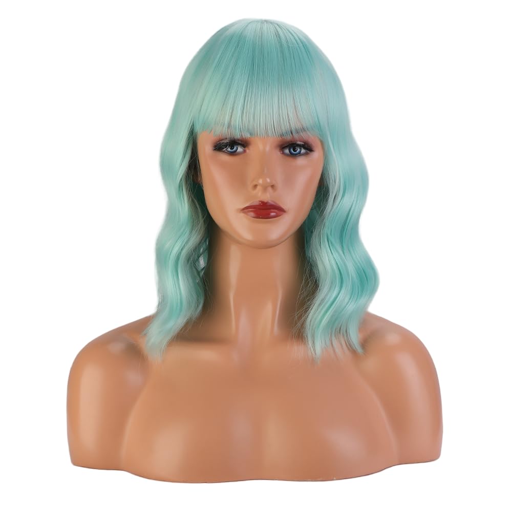Greenmirr Short Mint Green Bob Wavy Wigs with Fringe Heat Resistant Synthetic Hair 14 Inches, 21 cm