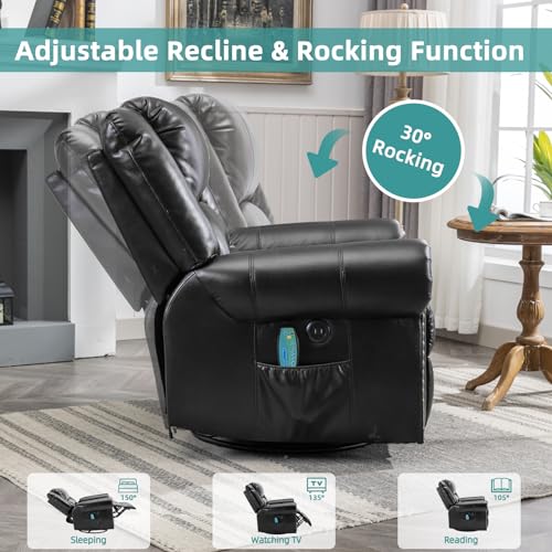 MEETWARM Massage Swivel Rocker Recliner with Heat and Vibration, Manual Glider Rocking Recliner Chair, 360°Swivel Lounge Reclining Chair with Remote Control/USB Ports for Living Room(Black) - Thumbnail 7