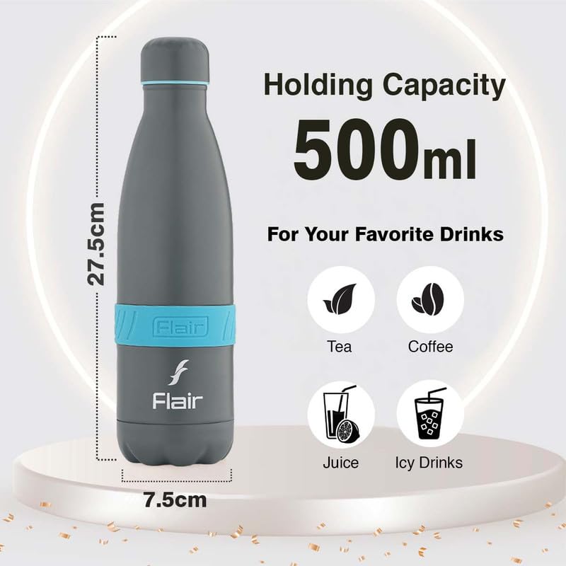 Image of Flair Fuel Insulated Steel Bottle | Upto 24 Hours Hot & Cold | Leakproof, BPA-Free, Tough & Durable, Copper Coated-Double Walled, Rust Free Water Bottle (500 ml,Grey)