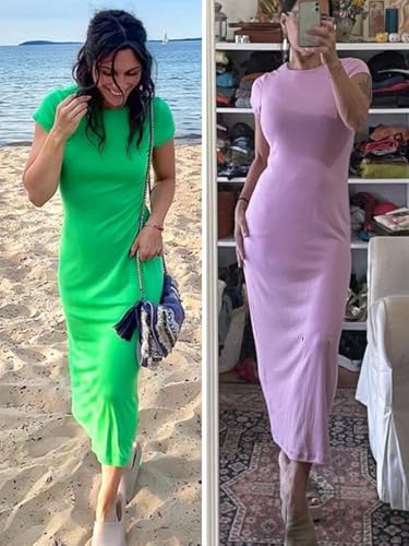Wenrine Women's Short Sleeve T-Shirt Dress Summer Crew Neck Basic Solid Casual Long Midi Dresses4