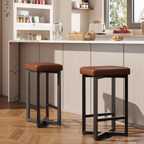 Affinityfurn 62CM Bar Stools Set Of 4 Backless Counter Height Bar Stools With Footrest, Upholstered Pu Leather Kitchen Breakfast Stools With Metal Leg For Kitchen Island, Home Bar, Dining Room, Brown - 3
