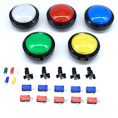 Arcity 5 Pcs 100mm Arcade Push Button LED Dome Illuminated with Microswitch for Jamma MAME Pop\'n Music Game Machine Cabinet 5 Colors New