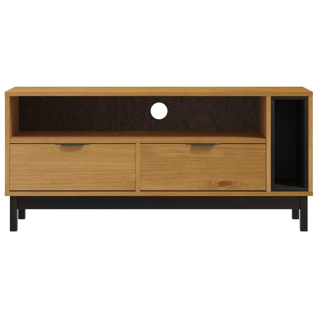 FLAM - Mobile per TV in legno di pino massiccio effetto rovere, 110 x 40 x 50 cm, con vano portaoggetti, cassetti, scomparti aperti e canalina per cavi, per soggiorno, home theater, camera da