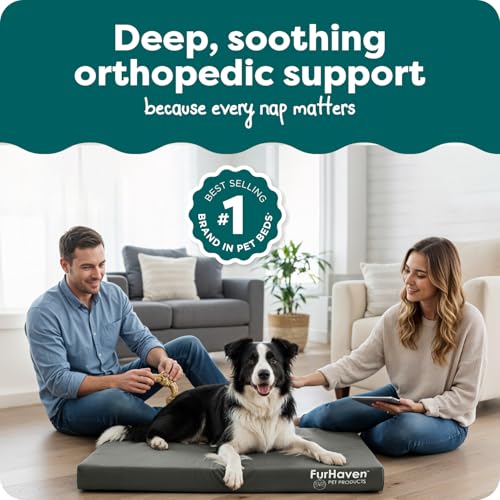 Image of FurHaven Water-Resistant Orthopedic Dog Bed for Large Dogs, Oxford Polycanvas Mattress with Egg Crate and a Solid Orthopedic Foam Base for Joint Support, Washable Cover, Large, Stone Gray