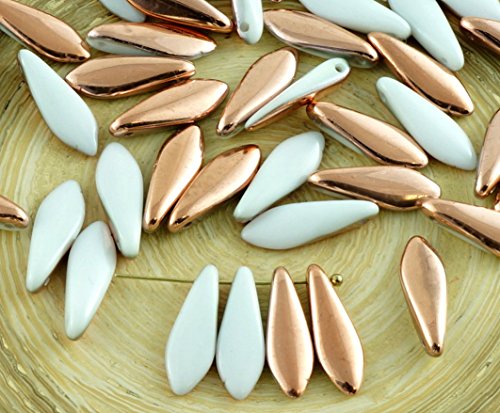 Leaf Beads 30pcs Alabastro Blanco Metálico Capri Oro Cobre la Mitad de Cristal checo Daga Perlas de la Hoja Plana de 5 mm x 16mm