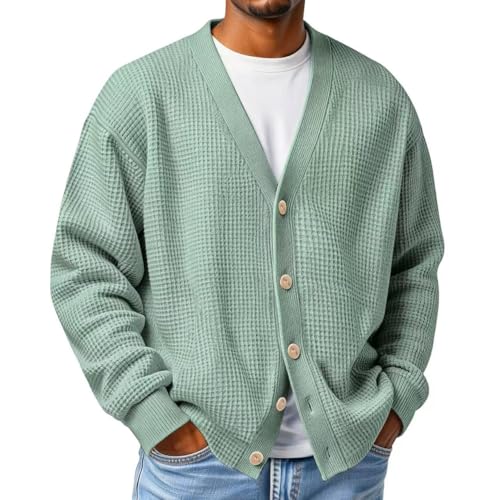 Mens Cardigan Sweater Long Sleeve Casual V Neck Button down Waffle Knitted Sweater Waffle Cardigan Sweaters for Men (Green XXL)