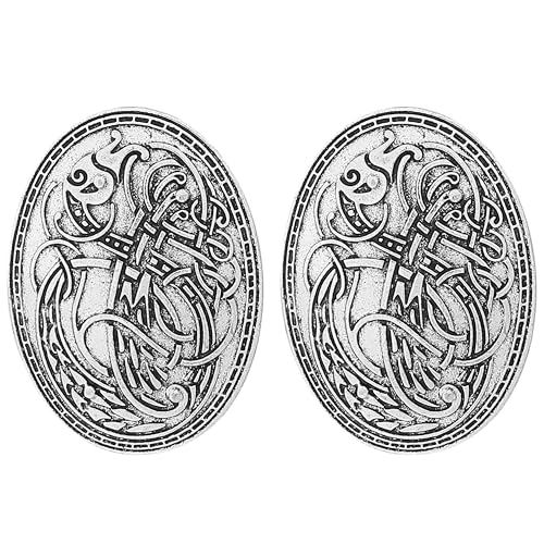 Image of Viking Brooches Norse Dress Apron Pins Nordic Cloak, Shawl, Coat, Sweater Buckle Set with Age Oval Brooch, Turtle Amulet, Sweden Pin, Talisman, Shield Clasp Clothes Fasteners for Women Men (Silver 2PCS)