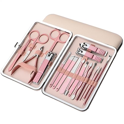 Juego de cortaúñas de viaje con estuche rosa, juego de cortaúñas profesional 18 en 1 de acero inoxidable para el cuidado de pedicura con cortaúñas a prueba de salpicaduras, kits de aseo de uñas