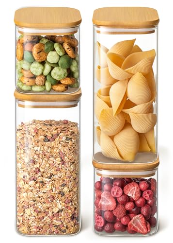 Praknu Square Glass Food Storage Jars 50 oz & 24 oz - Set of 4 Kitchen Storage Jars with Bamboo Lid Airtight for Coffee, Flour, Pasta, Cereal, Cookie, Spice and More