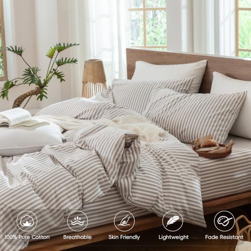 Image of MooMee Striped Duvet Cover Set 100% Washed Cotton Linen Like King | Relaxed Linen-like Texture. Soft, Breathable & Long-lasting Comfort. Lightweight. Hidden Zipper with 8 Interior Corner Ties