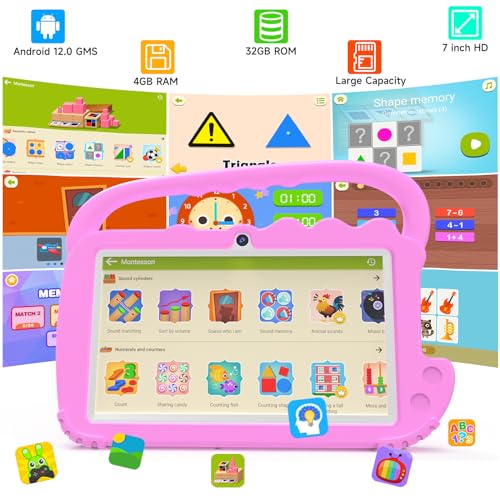 Image of YQSAVIOR Kids Tablet, 7inch 4 GB RAM | Android 12 | 32GB ROM | Bluetooth, IPS Screen, Parental Control, Dual Camera, Shockproof Case | Educational, Games, Pink Case