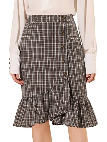 Women's Plaid Asymmetric Fishtail Button Work Office Ruffle Pencil Skirt