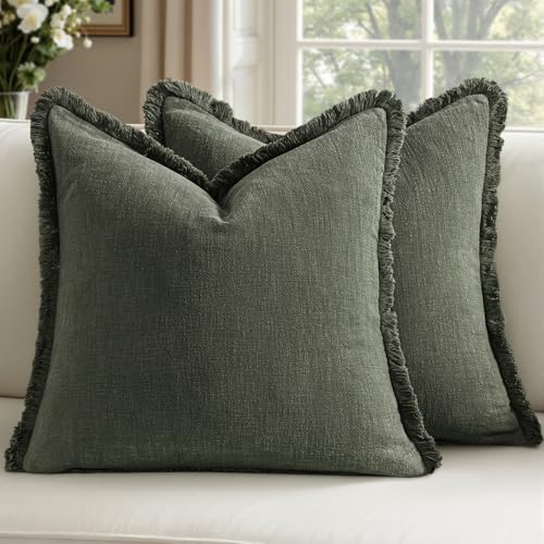 Woaboy Decorative Linen Fringe Throw Pillow Covers Boho Farmhouse Soft Accent Pillowcases with Tassels Spring Home Decor for Livingroom Couch Sofa Bed,18x18 Inch Set of 2,Dark Olive Green