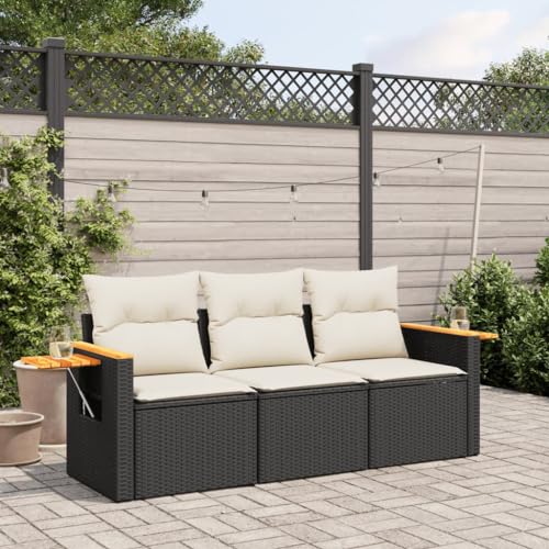 IKAYAA Divanetto da Esterno 3 Posti con Contenitore Divano da Giardino in Polyrattan Salotto da Giardino in Polyrattan Set da arredo per Esterno con Cuscini-Nero e Crema-3 pz