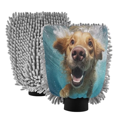 ALAZA Dog Golden Retriever Underwater Car Wash Mitt Scratch Free, 2 Pack Absorbent Microfiber/Chenille Washing & Drying Mitts, L