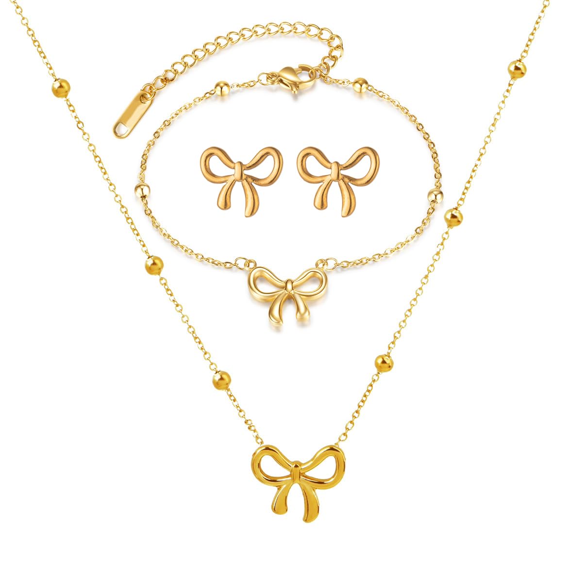 bike8 Gold Bow Necklace Bracelet Earrings Set for Women Bowknot Choker Necklace Ribbon Stud Earrings Silver Bow Bracelet Christmas Holiday Jewelry