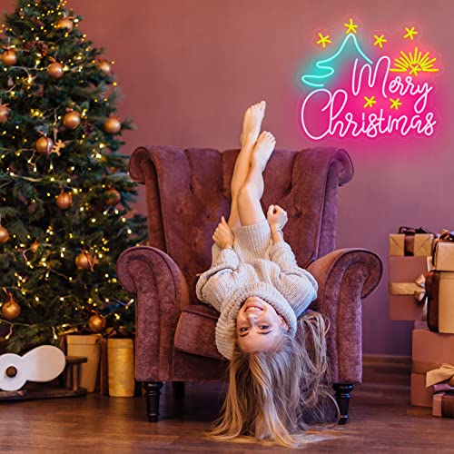 Image of Neon Signs Merry Christmas Tree Neon Sign Decorations Lighted Sign Xmas LED Neon Lights Green Red LED Sign for House, Home, Window, Balcony, Party, Wall Decor 60x50cm (with Tree and Starlight)