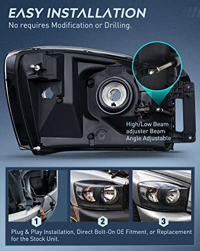 Image of Nilight 2007 2008 2009 Dodge Ram Headlight Assembly 2 Pack Compatible with 2006-2008 Dodge Ram 1500 2006-2009 Dodge Ram 2500 3500 Headlamp Replacement Driver and Passenger Side