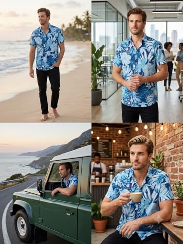 Image of Leriya Fashion Men's Tropical Hawaiian Button Down Shirt | Regular Fit Soft Rayon Short Sleeve Casual Beach Shirt with Floral Print|Summer Holiday Resort Outfit