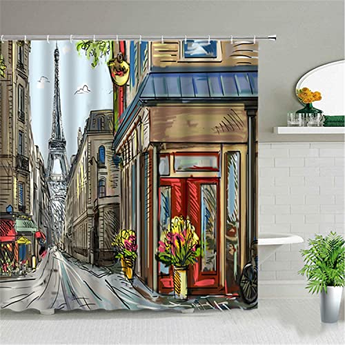 MEKPAM Londres Vue sur La Rue Paysage Rideau De Douche Paris Tour Paysage Salle De Bain Imperméable Rideau De Bain Ensemble Baignoire Décor avec Crochets 180x180cm