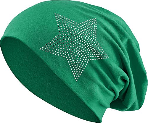 Balinco Strass Estrella Piedras Algodón Jersey elástico Larga Gorro Slouch Hombres Unisex Gorro Mujer Heather en 35 (2) - Verde Oscuro, One Size
