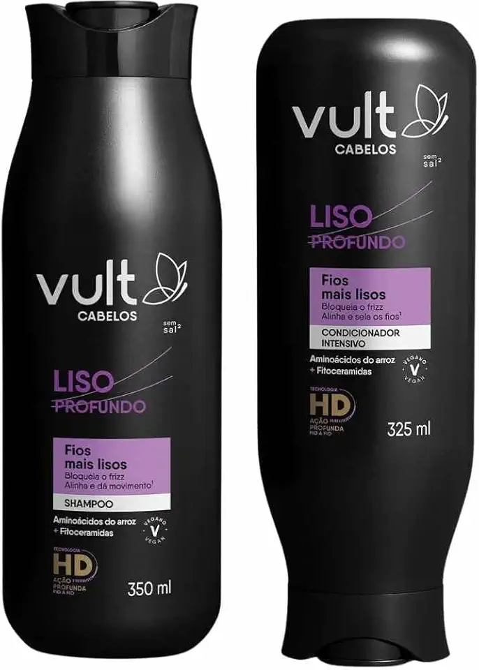 Vult Kit de Shampoo e Condicionador para Cabelos Lisos, Liso Profundo, 350ml e 325ml, Alisante, Nutritivo, Sem Sal, Fragrância Suave