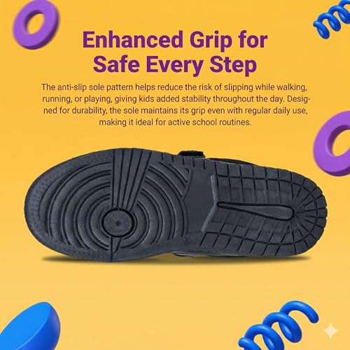 Image of ATHCO Scholar School Shoes Black for Boys & Girls| Soft Cushioned Memory Foam Heel Pad Support|Uniform Shoes | Lightweight | Velcroo |Easy Wear & Care|Padded Textured Heel Grip Lining | Breathable | All Day Comfort