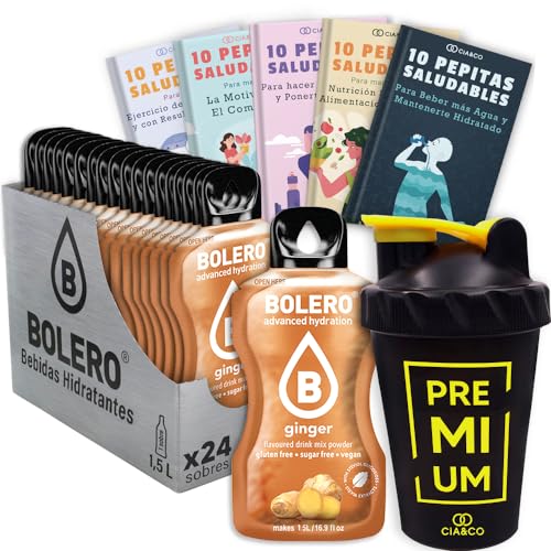 24 x Bebida Bolero JENGIBRE Hidratante Sin Azucar (24x9 grs) + 50 Pepitas Saludables para una vida más sana by Cia&Co + 1 Botella mezcladora shaker exclusiva Cia&Co (500 ml)