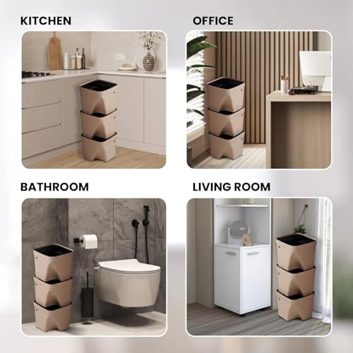 Image of 10L Dustbin with Lid | Beige | Pack of 3 | Multipurpose Garbage Bin for Kitchen, Home & Office | Wet & Dry Waste Basket for Food Waste, Recycling & Indoor Outdoor Use