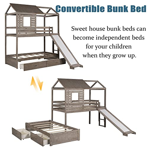 Meritline House Bunk Beds With Slide And Storage, Twin Over Twin Bunk Bed With Storage Drawers,Wood Twin Bunk Bed For Kids,Teens,Girls,Boys,No Box Spring Needed, Antique Gray #TOP4