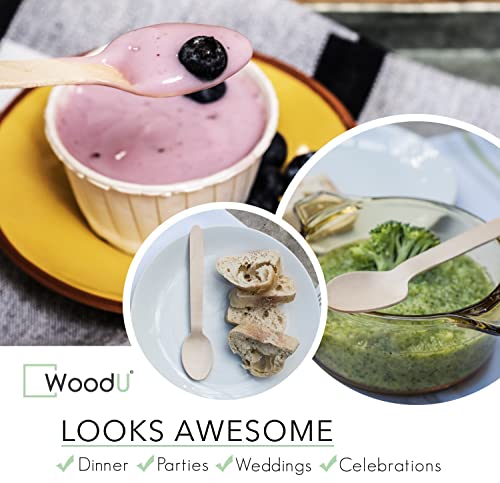 Woodu Disposable Wooden Spoons- Natural Birch Round Cutlery Spoons- Biodegradable And Compostable Utensils Cutlery Eco-Friendly Green- Wooden Spoons For Ice Cream, Dessert & Yogurt (Spoon 200 Pack) #TOP3