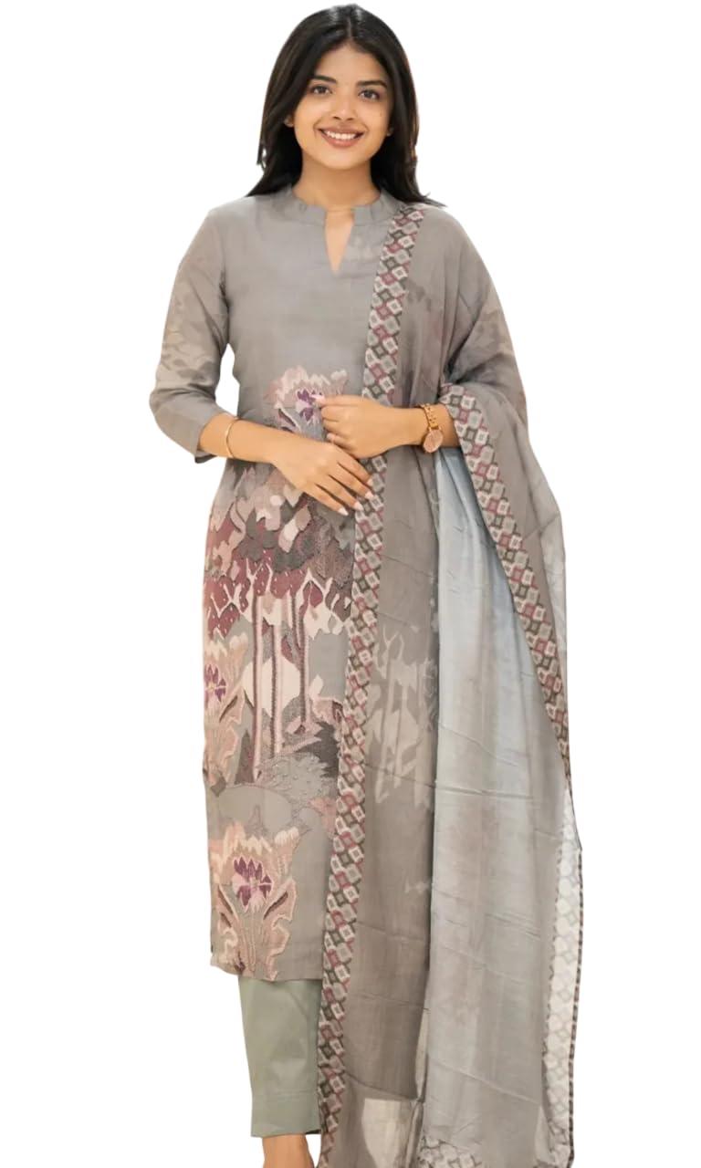 sun fashion and lifestyle Kurta Sets for Woman | Kurti Set | Women's 3 Piece Kurta Pant Dupatta Set | Cotton Blend Kurta Woman | Elegant Suit for Women | Dupatta (KPD62_Grey)-picture-20