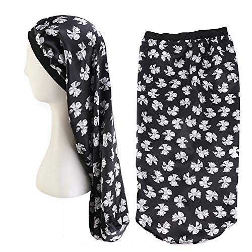 Extra Long Satin Bonnet Sleep Cap Long Bonnet for Braids Hair Loose Cap (Black Bows)